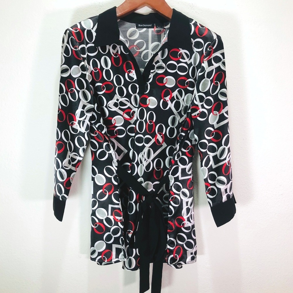 Retro Chic Y2K XL Tunic Top Geometric Chain Link V-Neck Tie Waist Black Red